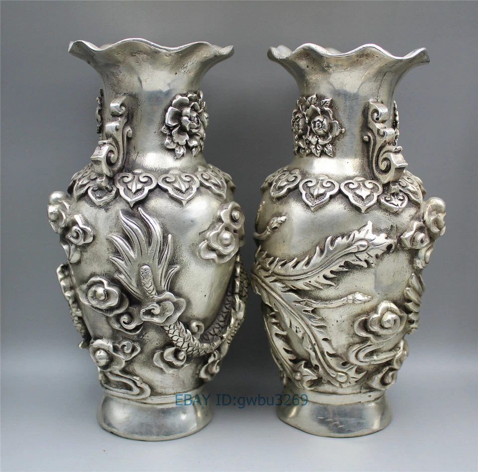 Collection old Tibet silver Vase Handwork carved dragon& Phoenix w Qianlong Mark - Image 4 of 4