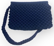 Vintage Macrame Shoulder Bag Blue Boho Retro Metal Frame Opening Lined