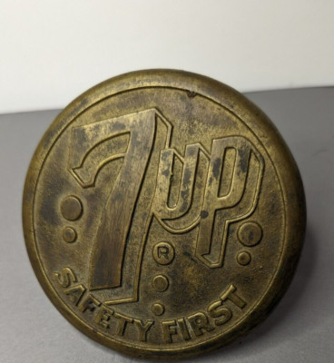 Vintage Used 7 Up Soda Safety First Cast Iron Disc.