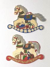 Wooden Rocking Horse Ornaments Christmas Hand Painted Seasonal Decor Set 2