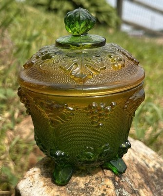 Vintage Green Yellow Jeanette Glass Vanity Jar Candy Trinket Dish Grape Pattern