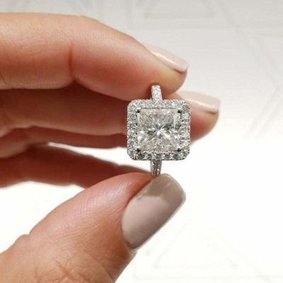 2.5CT Princess Cut Halo Moissanite Engagement Ring 14K White Gold Plated For Her