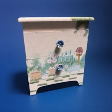 VTG Hand Painted Miniature Wooden Chest 6” Cottage Garden Floral Drawer Dresser