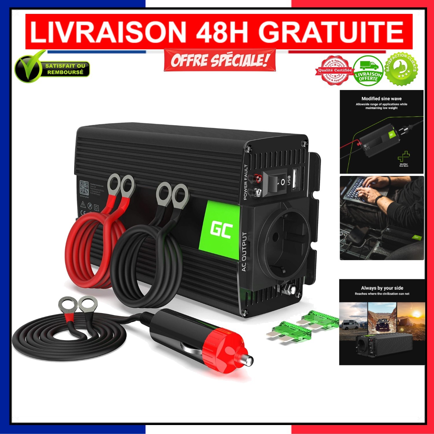 Onduleur 12V/230V Green Cell convertisseur de tension 3 sorties avec port USB de charge