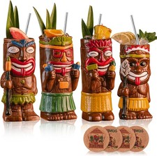 Cocktail Tiki Mugs Set Of 4 Exotic Mug W/ 4 Coasters And 4 Straws Ceramic