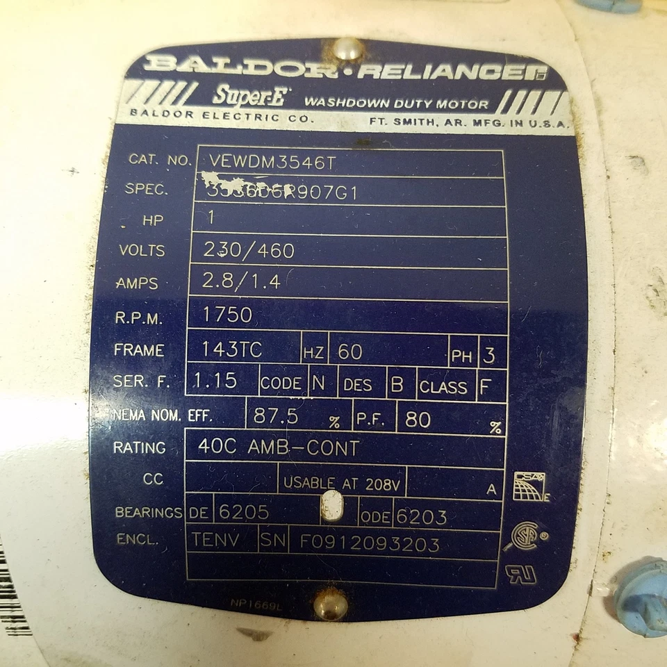Baldor VEWDM3546T 35S606R907G1 Motor, 1HP, 1750RPM, 143TC Frame - USED - Image 2 of 4