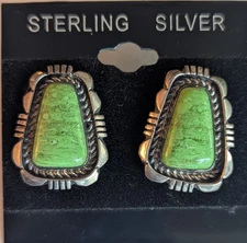 Navajo Sterling Silver Gaspeite Earrings E. Spencer Signed 1" Tall Native Indian