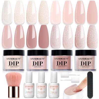 Dip Powder Nail Kit Starter, All Season Nude Skin Glitter 4 Colors Dipping Po...