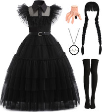 Long Black Dress for Women Halloween Costume with Accessories Wig Necklace for R