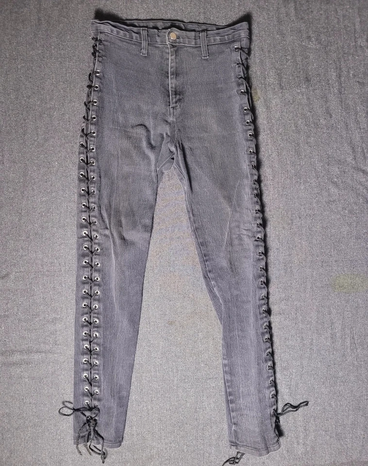 Jeans ajustados con cordones negros Frederick's Of Hollywood vintage años 80 90 góticos antiguos Foto 2 de 4