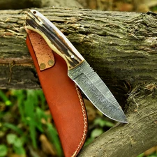 Damascus Steel Blade Full Tang Hunting Handmade Knife with Sheath, Antler Handle