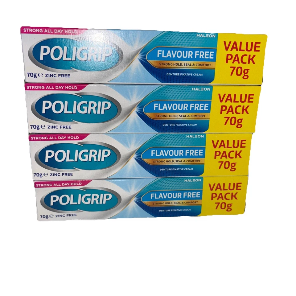 4 X 70g Poligrip Flavour Free Denture Fixative Cream Polygrip Flavour Free