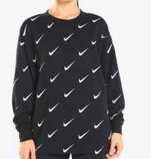 Nike Oversized Black Cotton Sweatshirt All Over Logo Swoosh Long Sleeve Swoosh M
