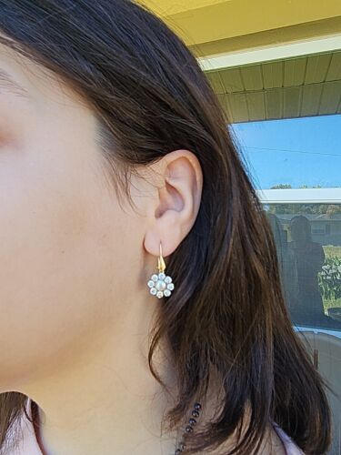 Boucles d'oreilles lustre perle en or jaune 10 carats en zircone - Photo 1 sur 6