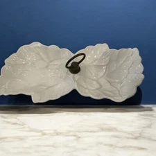 Vintage California Pottery White Leaf Tidbit Tray USA Double Dish Handle