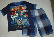 Boys Outfit JUSTICE LEAGUE SUPER HEROS Tee Shirt Shorts NAVY BLUE PLAID Size 4