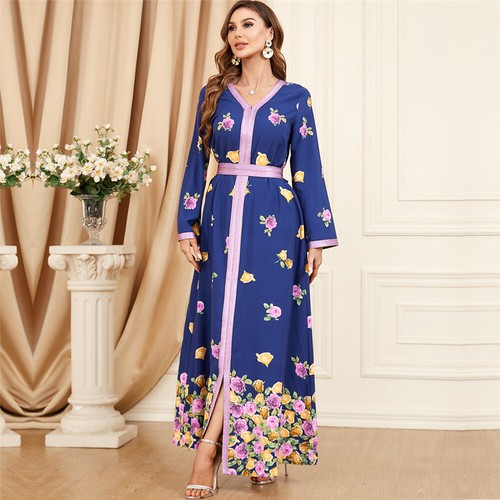 Muslim Floral Kaftan Islamic Women Maxi Dress Ramadan Dubai Caftan Moroccan Gown - Picture 93 of 216