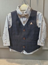 Navy Blue Check Waistcoat Set With Shirt And Bow Tie