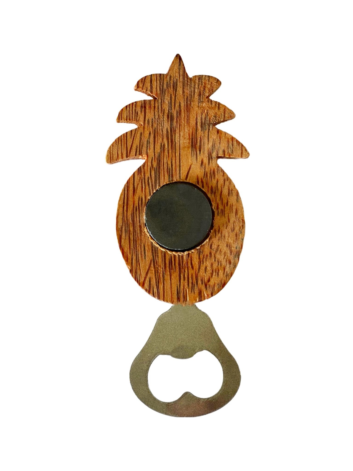 Maui Pineapple Wooden Bottle Opener with Plumeria Design and Magnet