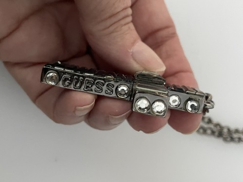 Guess Brand Large Glass Block & Crystal Cross Necklace Gunmetal Goth Long 30” - Picture 5 of 8