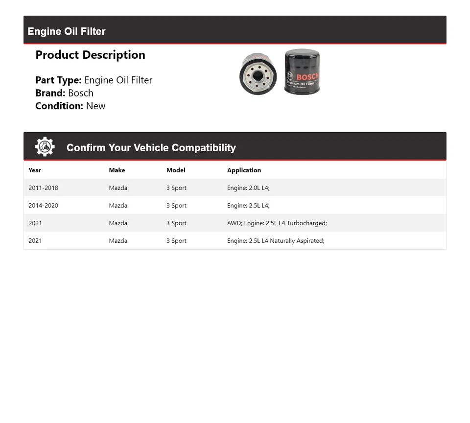 For 2011-2021 Mazda 3 Sport Bosch Premium Oil Filter 2012 2013 2014 2015 2016 - Image 2 of 3