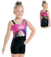 NEW Pink Black Rainbow Foil Metallic Gymnastics Unitard Biketard Child Large