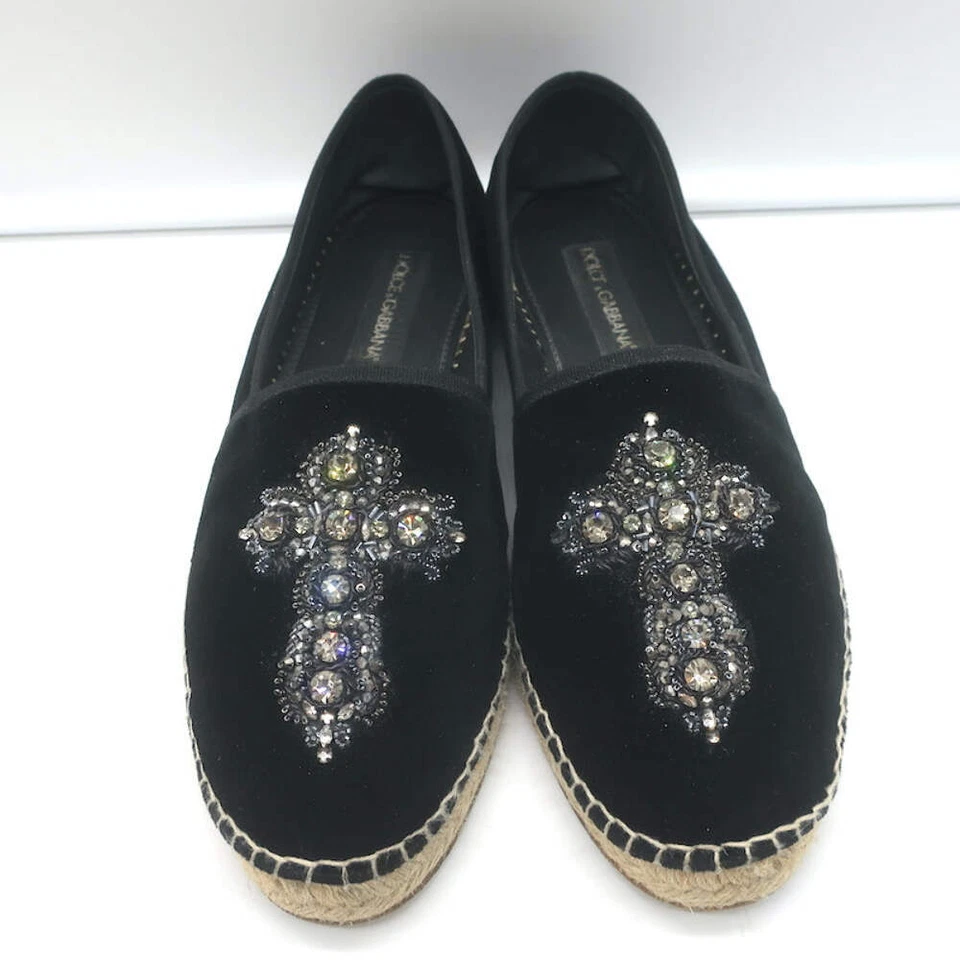 Alpargatas Dolce & Gabbana Cristal Bordado Cruzado Terciopelo Negro Talla 9 Foto 4 de 4