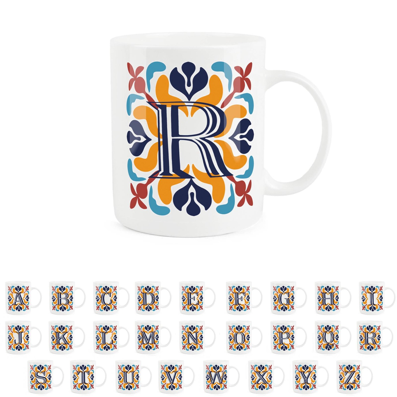 Moroccan Tile Letter R Mug - Red & Navy Bone China Alphabet Gift Mug