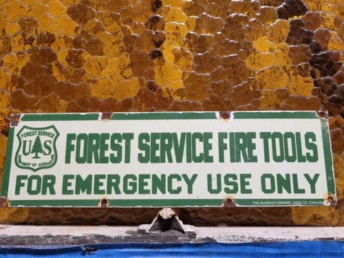 VINTAGE US FOREST SERVICE PORCELAIN SIGN OLD FIRE TOOLS NATIONAL PARK RANGER 14"