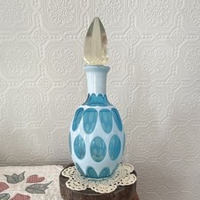 Vintage Blue White Art Glass Decorative Bottle with Clear Faceted Stopper
