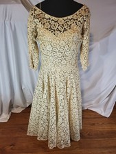 Vintage 50s Champagne Color Full Lace Wedding Dress Pearl Accents Size 10