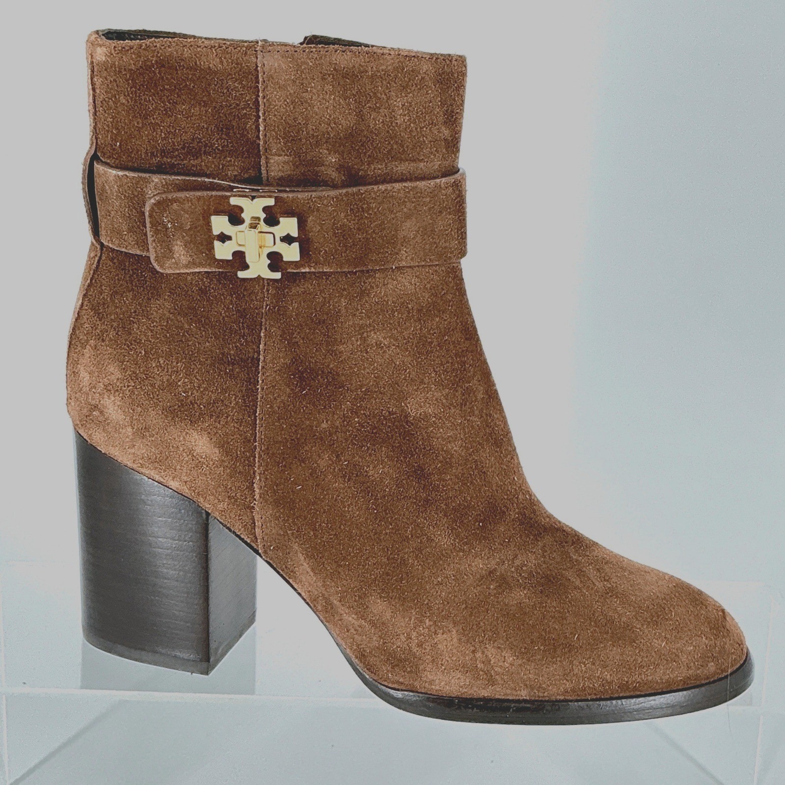 Tory Burch Size 6.5 Brown TURNLOCK HEELED Suede Ankle Boots NEW Gold Logo $500 thumbnail 2