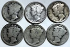 1916 1917 1918 and 1919 PDS Mercury Dime Lot - 6 Coins - 90% Silver