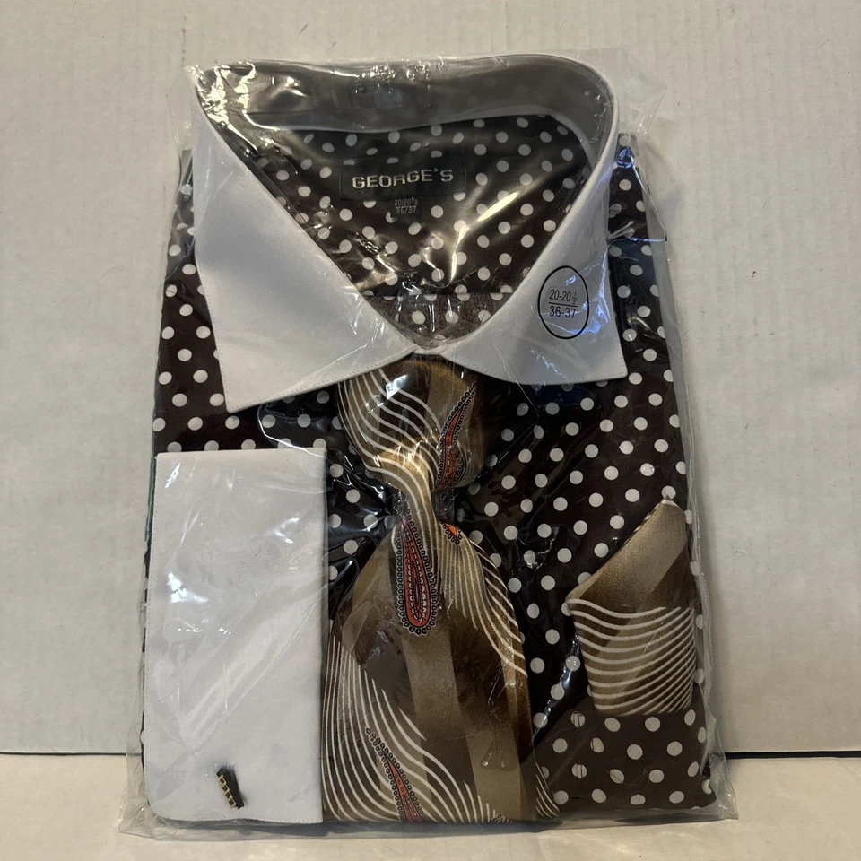 Men's Polka Dot French Cuff Cotton Dress Shirt w/ Tie & Hanky Set Brown/white - Image 2 of 4