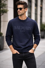 BALMAIN EMBROIDERED LOGO CREWNECK BLUE SWEATSHIRT SIZE S