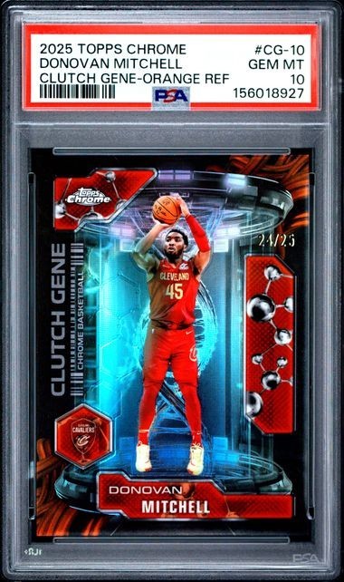 2025-26 Topps Chrome Clutch Gene Donovan Mitchell Orange Refractor /25 PSA 10