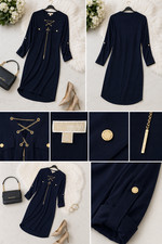 Michael Kors, dresses for women, Navy Blue Dress Size M Gold Chain Lace-U