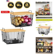 2 Set XXL Stackable Wire Basket with Bamboo Tops  Tag- Pantry Organizer and ...