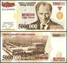 Turkey 5 Million Lira, L.1970 (1997), P-210, Used