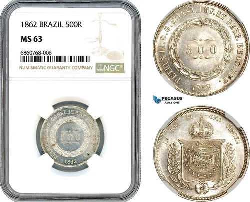 AI577, Brazil, Pedro II, 500 Reis 1862, Rio de Janeiro Mint, Silver, NGC MS63