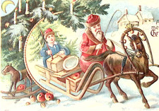 Santa Brown Fur Trim Suit Drives Sleigh with Young Boy & Toys Christmas Postcard