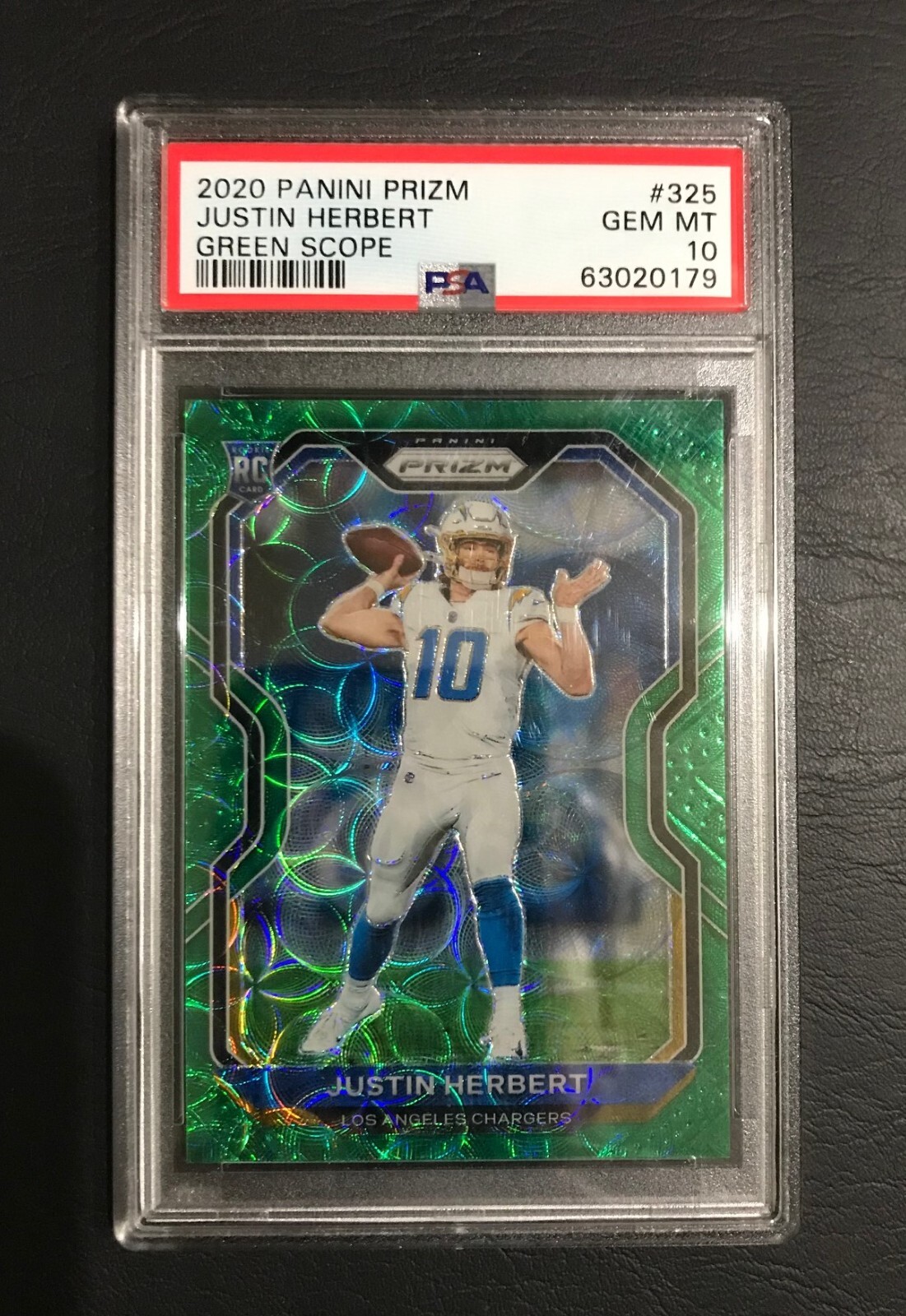 2020 PANINI PRIZM #325 JUSTIN HERBERT ROOKIE GREEN SCOPE /75 PSA 10 GEM MINT RC