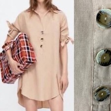 Zara Basic Linen Blend Mini Dress Sz XS Tie Short Sleeve 3 Button Nude Pink