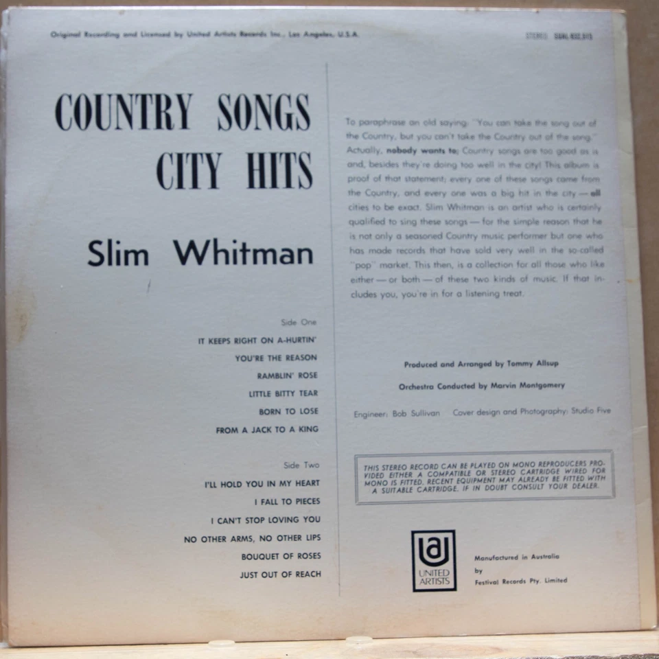 SLIM WHITMAN - COUNTRY SONGS / CITY HITS - Vinyl LP - UA - 1964 - VG (2060) - Image 4 of 4