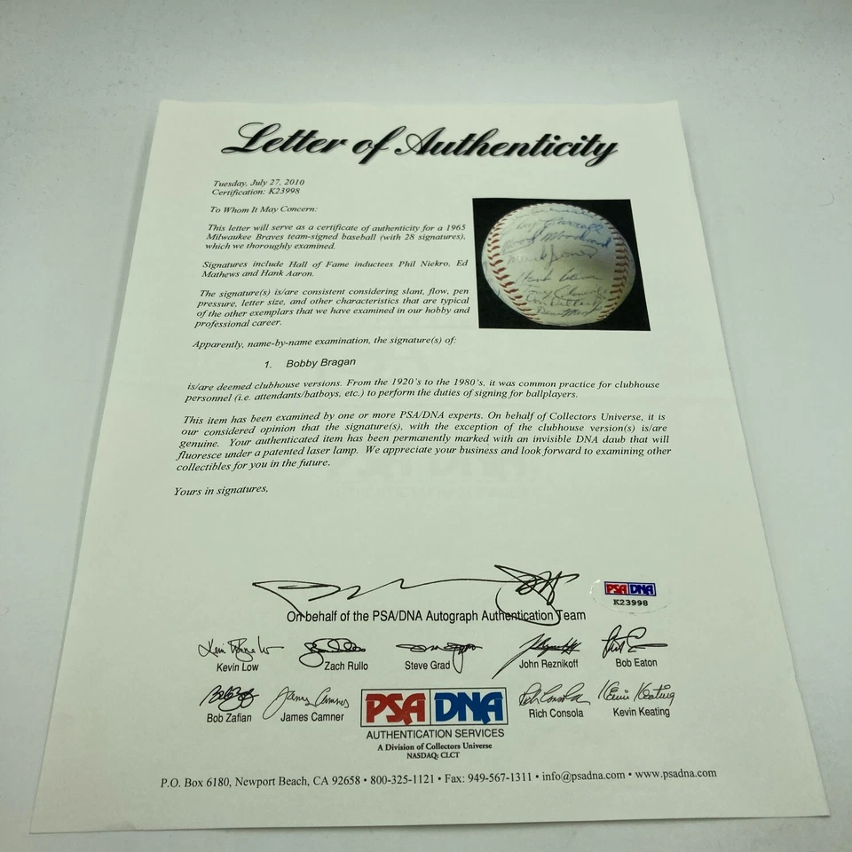 Hank Aaron 1965 Milwaukee Braves Team Signed National League Baseball PSA DNA - Image 4 of 4