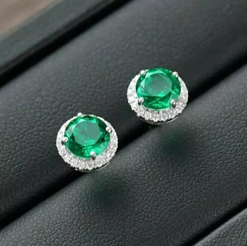 4Ct Lab Created Emerald Push Back Halo Stud Earrings 18K White Gold Plated - Picture 3 of 3
