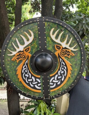 24''Wooden Viking Shield Medieval Carving Battle Role play Cosplay