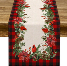 Christmas Cardinal Table Runner Buffalo Plaid Check Poinsettia Holly Xmas Winter