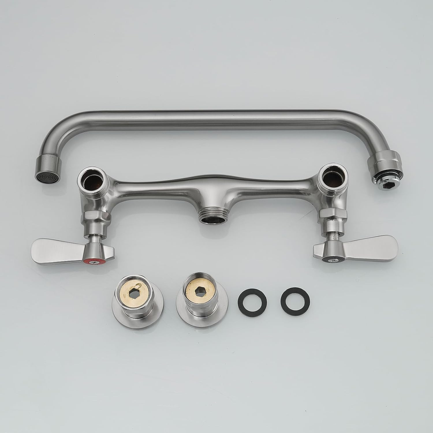 Brushed Nickel Wall Mount Kitchen Faucet with 12" Swivel Spout and Two Handles