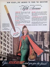 Vintage Print Ad 1940's Eversharp Fifth Avenue Pretty Woman Green Dress Red Cape
